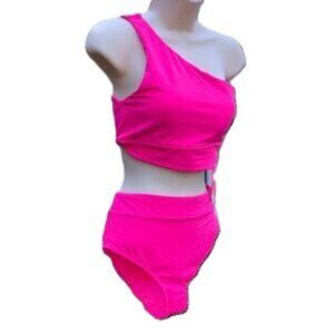 HOT PINK One Shoulder High Waisted Bikini 2 Piece Tummy Control NEW Womens Small